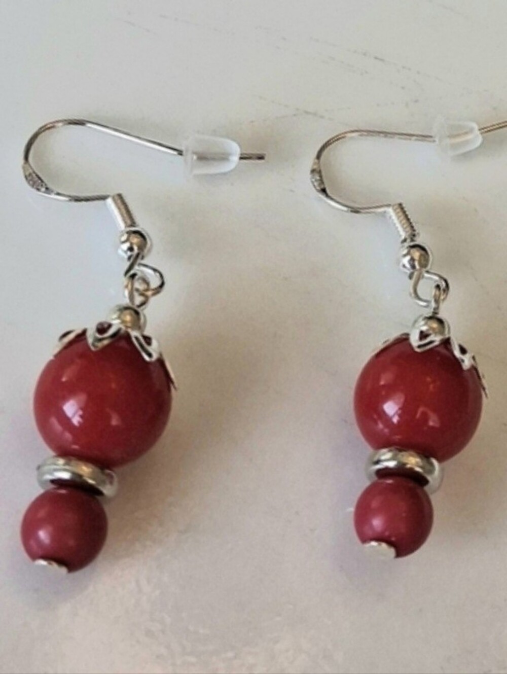 Women Classic Red Bead Drop Earrings with Silver Accents